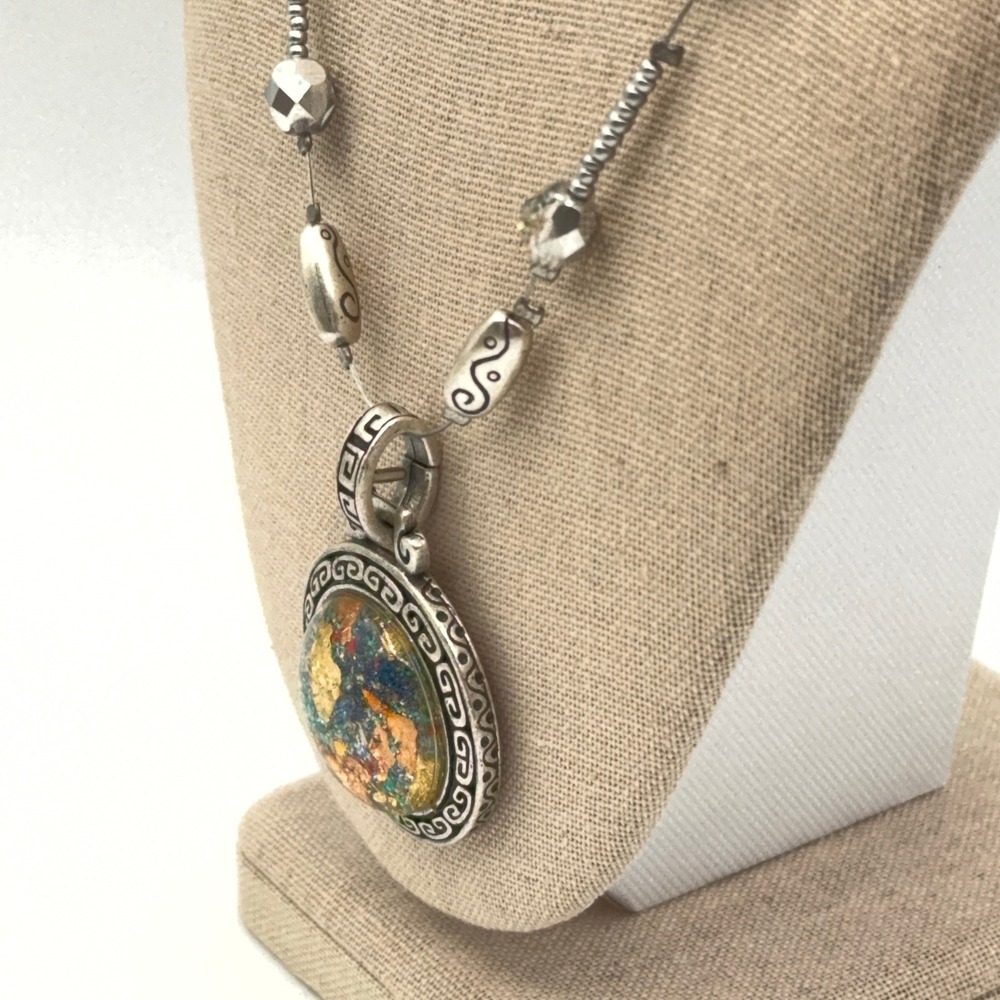 Chico's Pendant Necklace Silver Tone Multicolor Mosaic Foil Earthy Boho Artsy - Picture 6 of 13